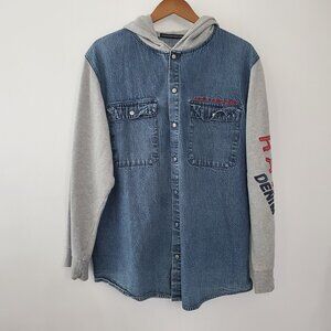 Le Jean De Marithe Mens Raw Denim Spell Out Hooded Shirt Y2K Grunge Distressed